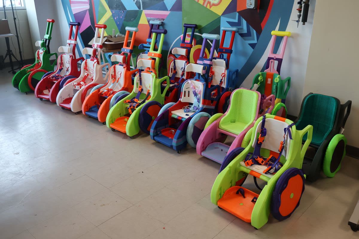A line-up of finished Toddler Mobility Trainers