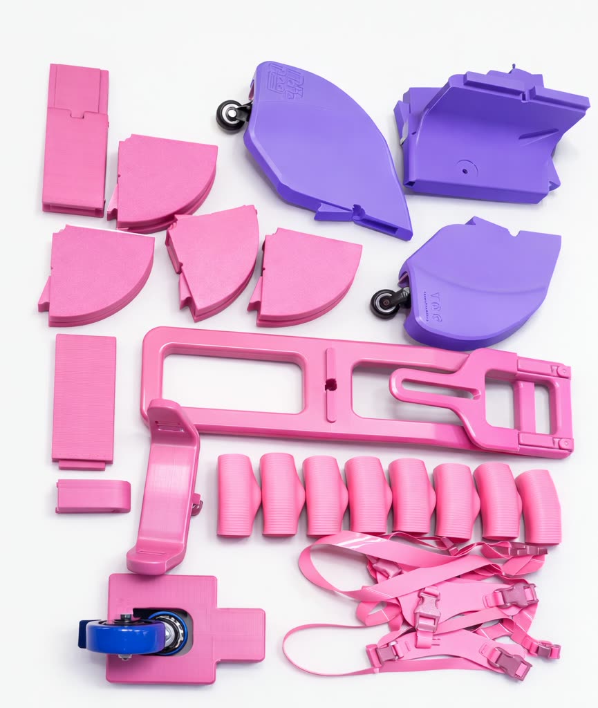 Printed Toddler Mobility Trainer parts in pink and purple